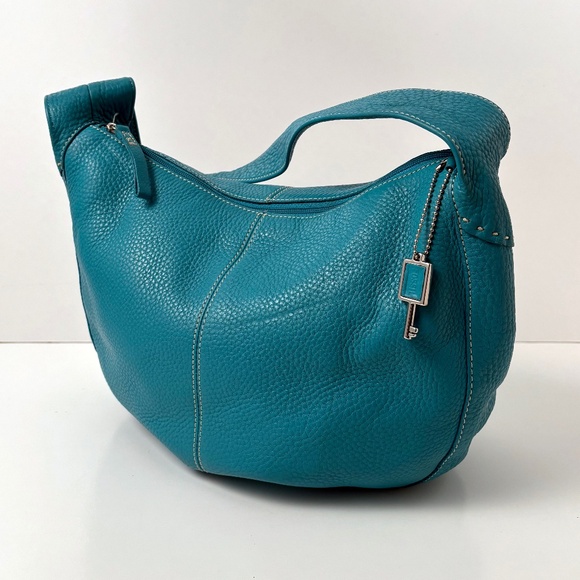 Vintage Fossil Teal Pebbled Leather Hobo Shoulder Bag – with Key Charm Y2K - Picture 1 of 11